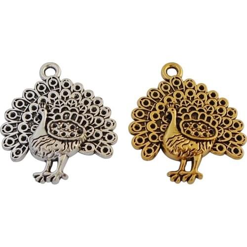 5 x Antique Gold/Silver Color Peacock Animal Charms Pendants Beads for Necklace Bracelet Jewelry Making Findings 35x31mm