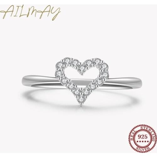 Ailmay Fine Romantic Hollowed Heart 925 Sterling Silver Clear Zircon Finger Ring For Women Wedding Engagement Statement Jewelry