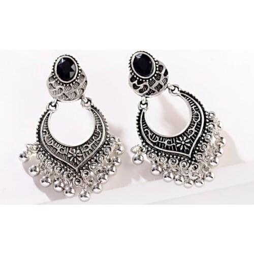 Antique Tibetan Silver Color Womens Bohemia Style Earrings Tassels Round Stud Earrings Tribal Ethnic Earrings