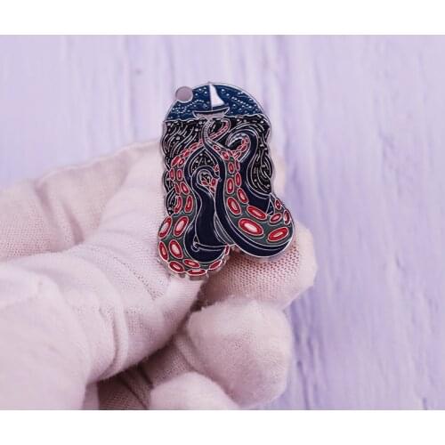 Octopus and Boat Enamel Pin Sea monsters Brooch Badge Fashion Jewelry Accessories