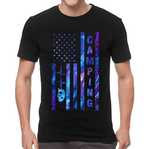 Mens Camping America Flag Heartbeat T-Shirt Funny Patriotic Pride Tshirt Short Sleeve Unique T Shirt Homme Cotton Tee Gift Idea