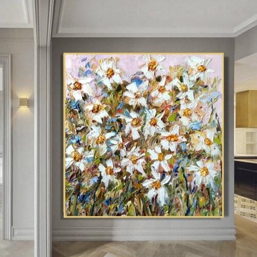 Thick Texture Pallete Knife Flowers Picture Art 100% Hand Painted Oil Painting on Canvas Wall Art for Living Room Decor No Frame