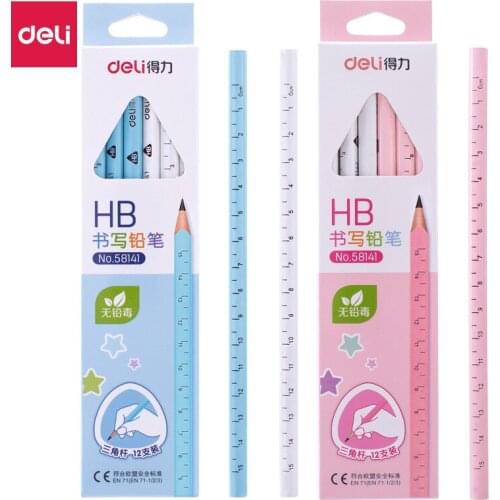12 pcs / box Deli 58141, Hb triangle advanced graphite ruler scale pencil, log non-toxic pencil, student office stationery