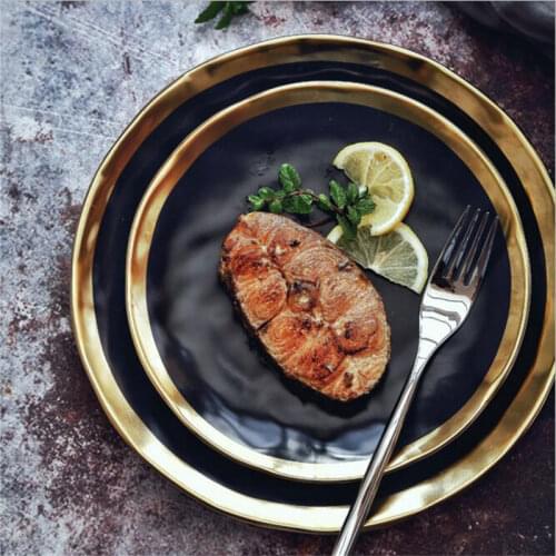 8inch/10inch Dinner food plate gold inlay round dishes luxury plates handwork tray food dish dinnerware kitchen rice plate black