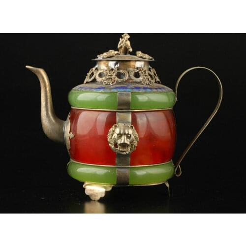 Chinese Handwork Old Green & Red Jade Inlay Tibet-silver lion Teapot