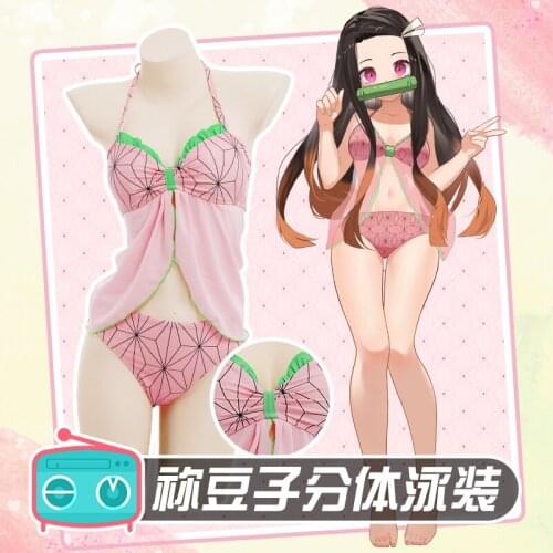 Anime Demon Slayer Kimetsu no Yaiba Kamado Nezuko Lovely Bikini Swimsuit Swimwear Summer Suit Cosplay Costume Party Outfit Women