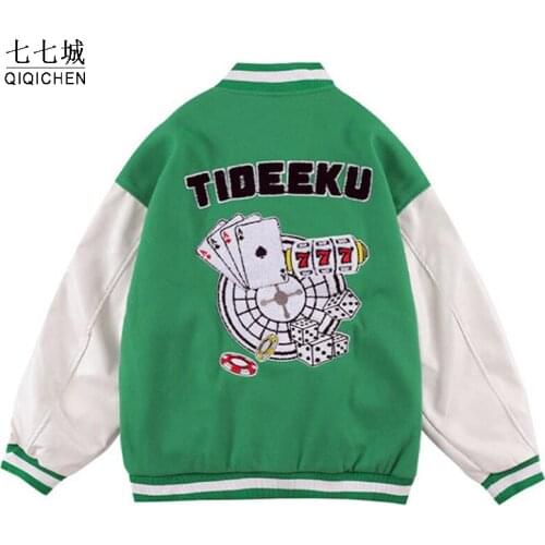 Hip Hop Varsity Baseball Jacket Men Women Furry Playing Cards Embroidery Street College Patchwork Jackets Japanese Bomber Coat