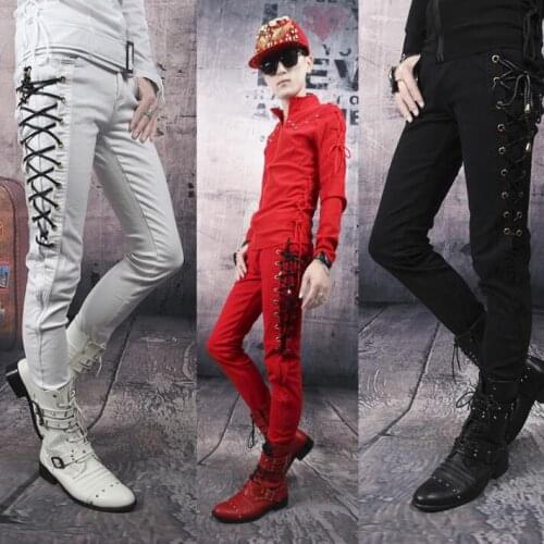 Autumn casual punk personality fashion slim mens pants straps harem pant men feet trousers pantalon homme red black white korean