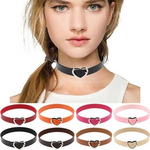 2016 Newest Bijoux Punk Jewelry Women Rivet Choker Necklace PU Leather Heart Harajuku Grunge Funky Heart Buckle Goth Necklace