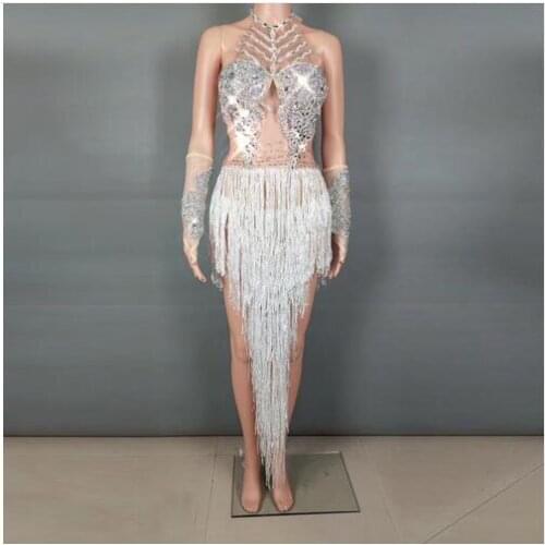 2019 New design Sparkly Silver Crystals Fringes Dance Costume Rhinestones Gloves Tassel Stage Wear Dance Show Sexy Outfit