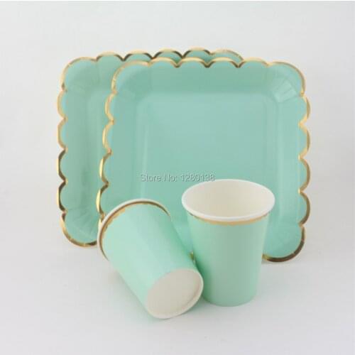 Ligt Pink Blue Mint Yellow Disposale Wedding Tableware Paper Plates Paper Cups Gold Foil Modern Chic Cocktail Party
