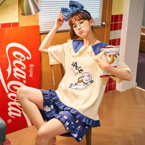 Pajamas Shorts Female Summer Short Sleeved Pajama Sets for Women Cartoon Printed Sleepwear Plus Size Nightwear Girls Loungewear