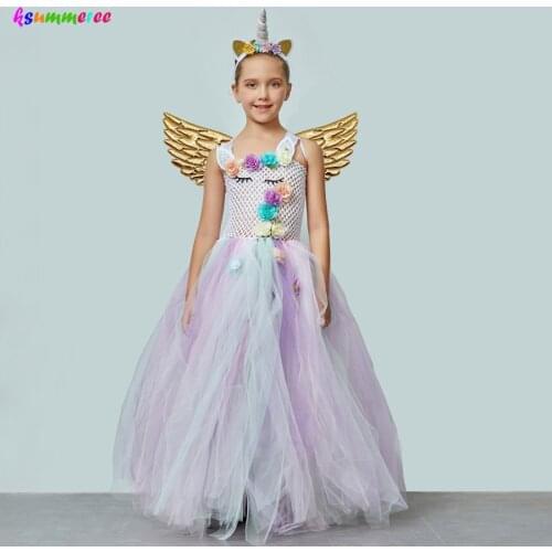 Girls Unicorn Tutu Dress with Headband Wing Costume Set Fancy Little Child Pony Clothing for Birthday Party Pageant Ball Gown
