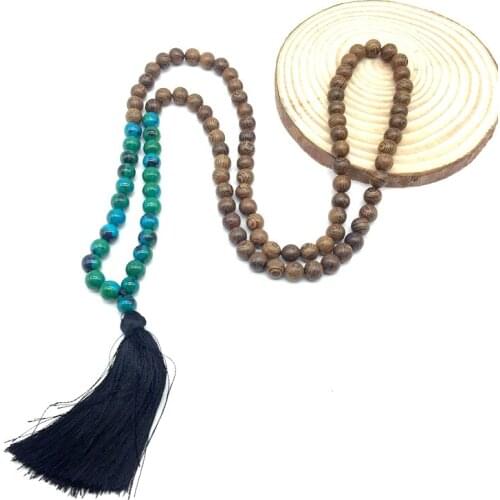 Hand made wood bead woman necklace tassel pendant mala style bohemia natural stone beads long Model