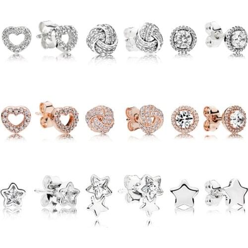 NEW NEW 925 Sterling Silver Rose Sparkling Love Knot Heart Earrings Star & Classic Elegance Stud Earrings Fit DIY Jewelry