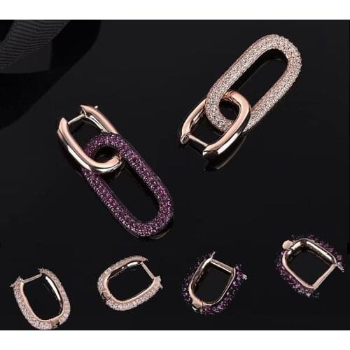 AAA+ Quality Rose Gold Color Pave Top Wine Red White Zircon Double Circle Cross Buckle Hoop Earrings For Women Single Sale