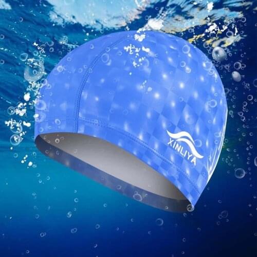 Crystal Water Cube Grids Swimming Caps PU Coating Fabric Waterproof Ear Long Hair Protection Swim Pool Hat for Men Women
