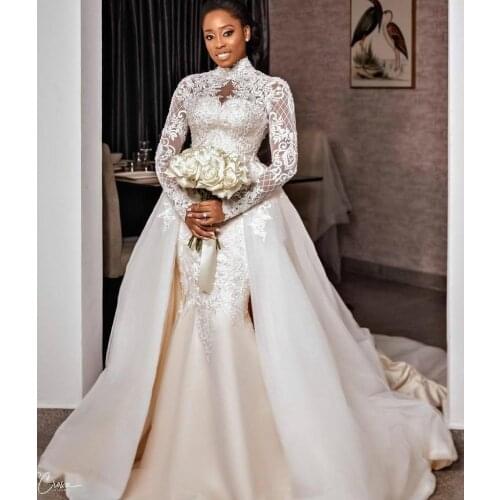 Mermaid Wedding Dresses 2022 with Overskirt Bridal Gown High Neck African Plus Size Long Sleeves Lace Applique Custom Made