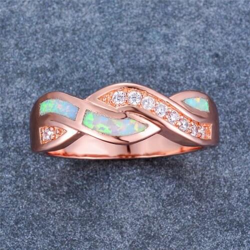 Boho Female White Fire Opal Stone Ring Vintage Rose Gold Cross Wedding Ring Cute Promise Love Engagement Rings For Women