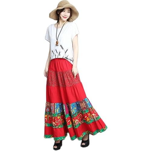 Makuluya Cotton Linen Modern Printed Patchwork Loose Long Fashion Women Vintage Casual Peony Splicing All-Match Pleated Skirts L