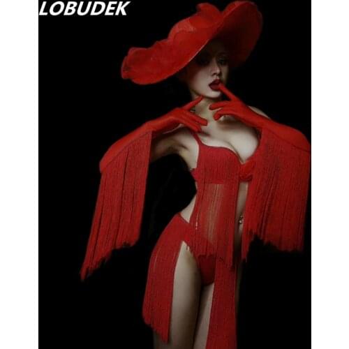 Club Bar Party Dance Outfit Models Catwalk Stage Wear Female Singer Sexy Dance Performance Costume Red White Tassels Bikini Set