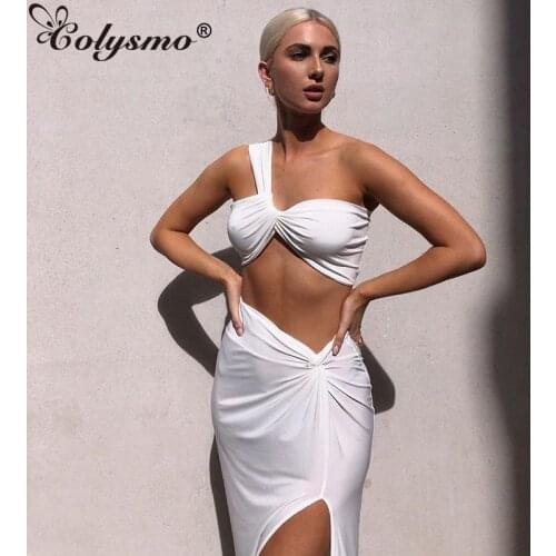 Colysmo Summer White Crop Top Long Skirts Two Piece Set Women Beach Party Club Sexy One Shoulder Twist Pleats 2 Piece Outfits