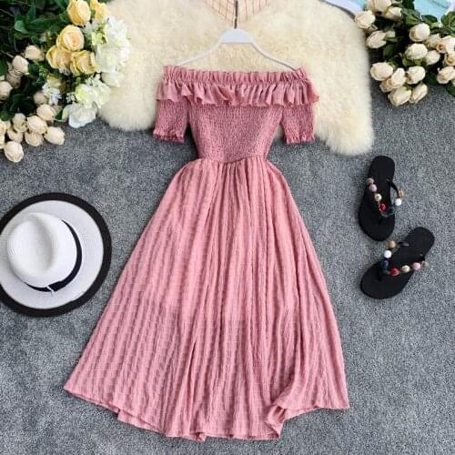 2020 Summer Dress Solid Off Shoulder Sexy Dresses Women A-line High Waist Chiffon Vestidos Elegant Ropa Mujer HK328