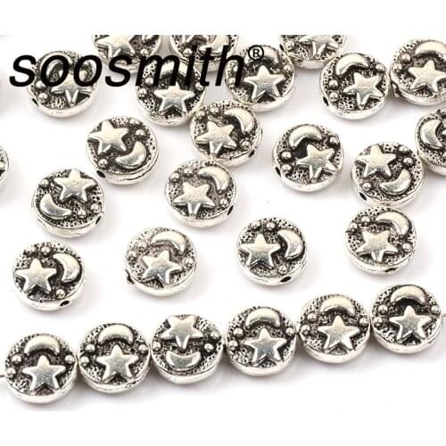 20pcs 9mm Silver Colour Moon Star Round Cake Metal Beads Zinc Alloy Loose Spacer Beads For Jewelry Making DIY Charm Bracelet