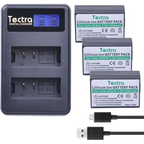 Tectra 3Pcs LP-E10 LPE10 Bateria + LCD USB Dual Charger for Canon EOS Rebel T3 T5 T6 Kiss X50 Kiss X70 EOS 1100D EOS 1200D