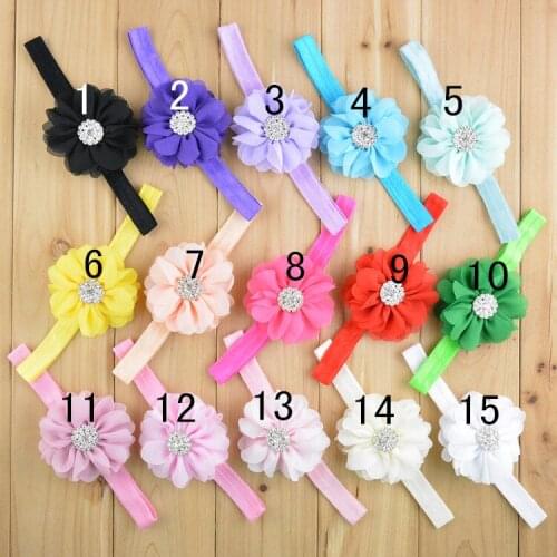 30pcs/lot Soft chiffon flower with rhinestone center on Elastic Headband