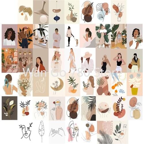 50Pcs Beautiful Boho Aesthetic Pictures for Wall Collage Kits Morandi Hue Abstract Postcard Set Wall Art of Living Room Decor
