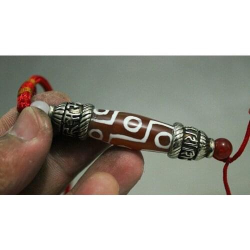 Free shipping Buddhism Miao Silver Inlay agate 9 eyes amulet Dzi Ancient Bead Pendant