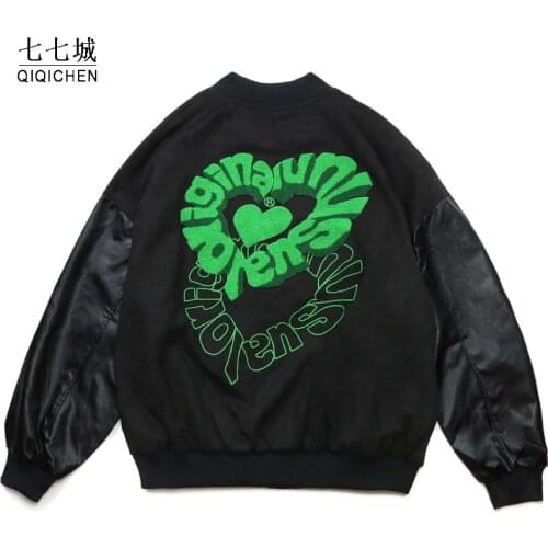 Hip Hop Baseball Jackets Men Furry Heart Patchwork Color Block Harajuku Street Bomber Varsity Jackets Men Loose Coats Unisex