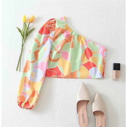 Merodi Fashion Lady Colorful Print Single Long Puff Sleeve Summer Short Blouse Women Casual Skew Collar 2021 Streetwear Tops