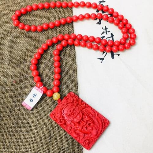 Zheru natural cinnabar carved red loyalty Guan Gong pendant with multi-color bead necklace fine men and women sweater chain