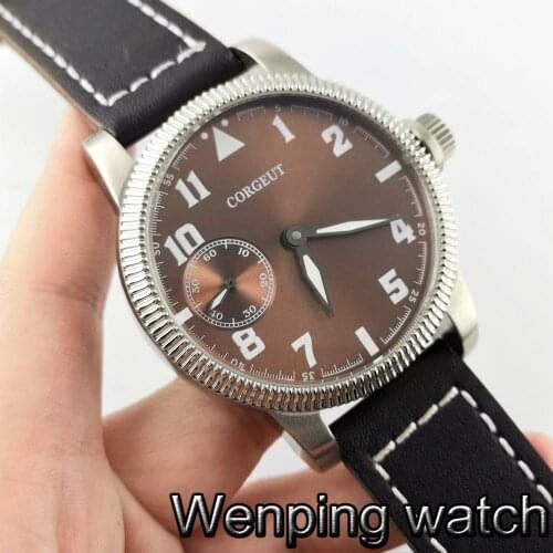 CORGEUT 46mm mens waterpoof watch silver case luminous leather strap asia 6497 hand winding movement mens wristwatch