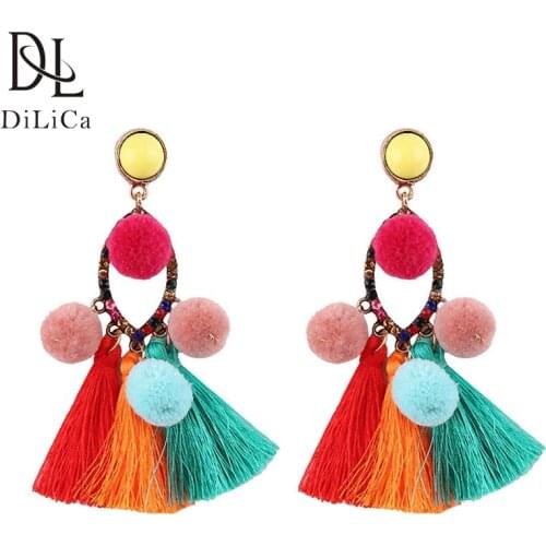 DiLiCa Ethnic Women Drop Dangle Earrings Vintage Long Fringe Earring Tassel Jewelry pendientes largos mujer