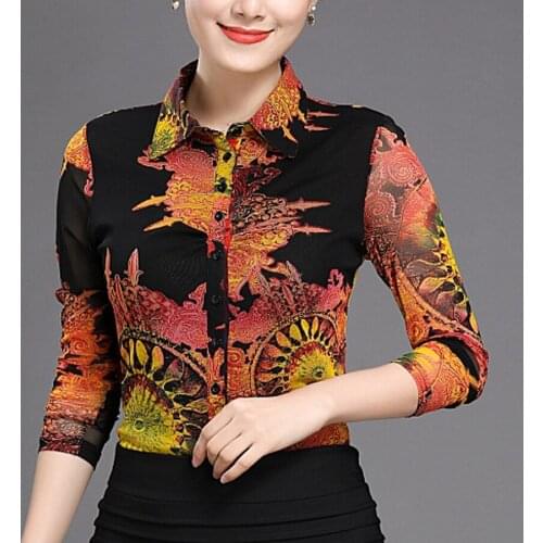 European Style Women Spring Autumn Yellow Orange Printed Pattern Stretch Blouse , Mesh Long Sleeve Painted 3XL Blouses For Woman