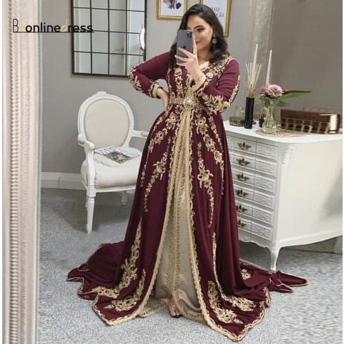 Elegant Moroccan Caftan Evening Dresses Burgundy Embroidery Beading Women Party Wear Formal Gowns Kaftan Dress robe de soiree