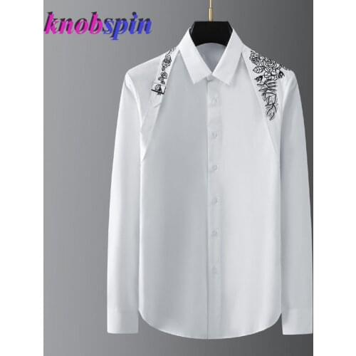 Metal Buckle Ribbon Over The Shoulder Men Shirt Long Sleeve Slim Chemise homme High-end Pure Cotton Business Male Dress Shirts