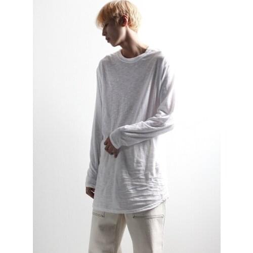 Spring and summer mens T-shirt high street hairstylist fashion mens casual long sleeve T-shirt loose Size Top