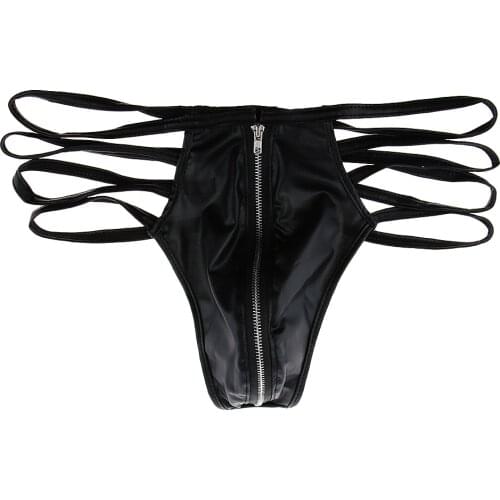 Men Sexy Black PU Leather Thong Front Zip T Back Underwear Stag Night Props