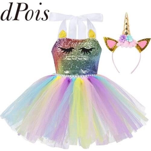 Kids Girls Colorful Halter Neck Shiny Sequins Cartoon Mesh Tutu Dress with Hair Hoop Set for Carnival Theme Party Costume Dress