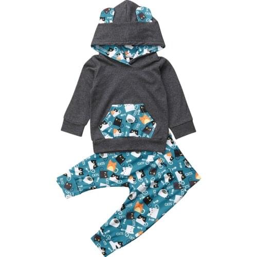 2020 New Spring Newborn Baby Boy Girl Hooded T-shirt Cat Tops+Pants Outfits Toddler Clothes Autumn Casual Set