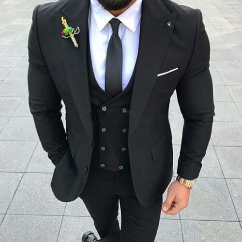 New Arrival Two Buttons Black Groom Tuxedos Groomsmen Peak Lapel Mens Suits Blazers (Jacket+Pants+Vest+Tie) W:1002