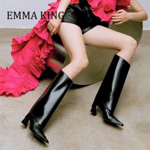 Crocodile Print Knee High Boots Woman Pointed Toe Leather Knight Boots 7.5cm High Heels Motoycycle Boots Woman Boots Mujer 2021