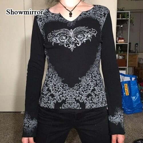 Showmirror G Goth Print Fairycore Womans Tshirts Autumn Grunge Vintage Long Sleeve Causual Tops Dark E Girl Techwear