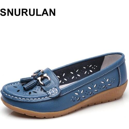 SNURULAN Women Casual Mother Ladies Female Flats Shoes Hollow 2018 Loafers Cow Genuine Leather Summer Pigskin 35-41E206
