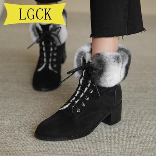 Plus Size 34-39 Women Ankle Boot Warm Plush Winter Shoes for Lace-up High Heels Ladies Boot Women Snow Boots Winter Shoes Black