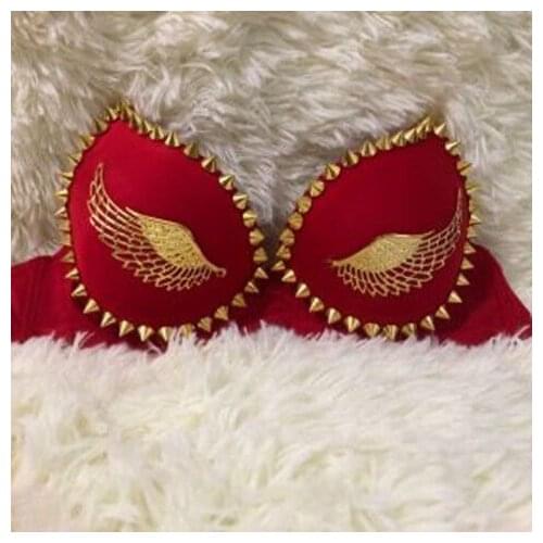 Sexy Bras Women Party 2021 New DJ Dance Angel Wing Bra Spike Rivet Metallic Accessories Lady Girl Performance Red